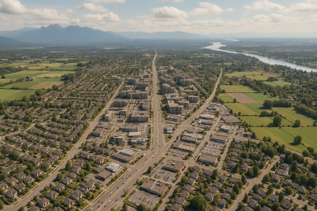 aerial view of local suburban development and farm fields | GPS: 49.107910, -122.581653