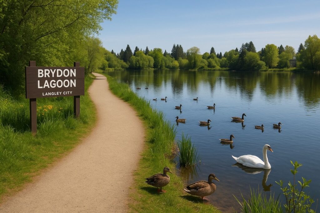 brydon lagoon local ducks and swan at lake edge | GPS: 49.110551, -122.577621