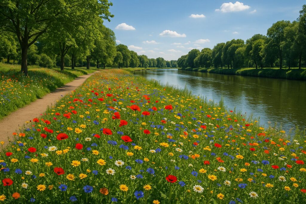colorful flowers along riverbank langley sunny day Langley BC Photo Spots: Beautiful Views colorful flowers along riverbank langley sunny day | GPS: 49.098798, -122.595569