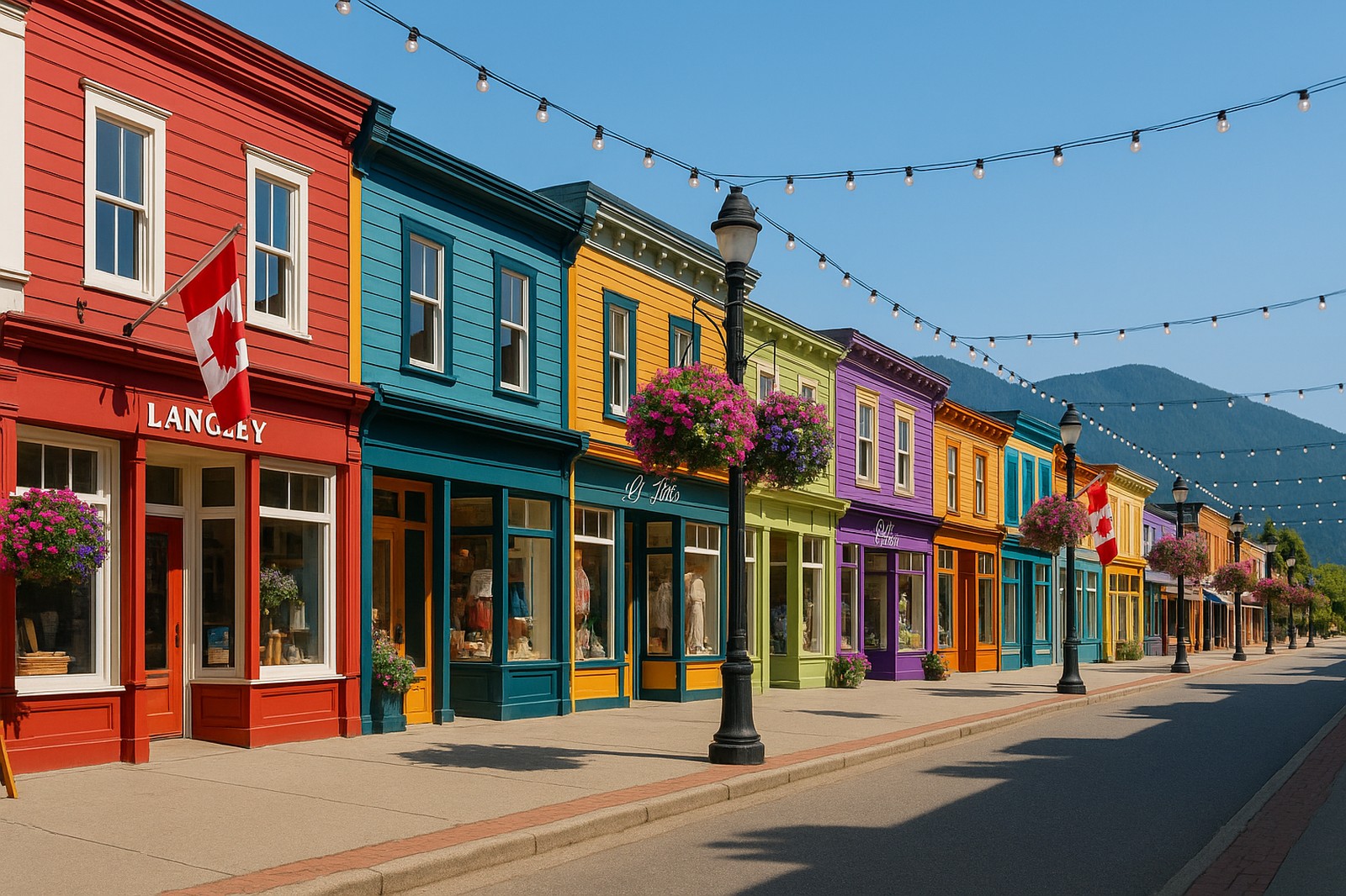 colorful local shops street with string lights Langley's Unique Boutiques