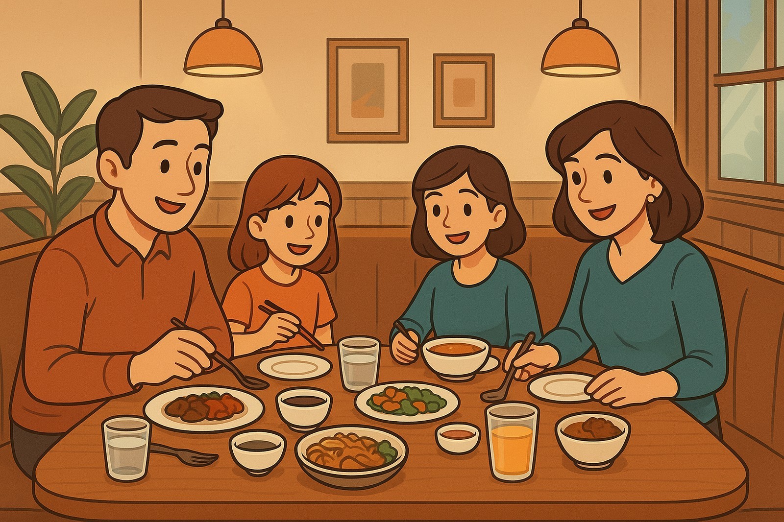 A happy cartoon family is enjoying a meal together at a restaurant, maybe in Langley BC, with various dishes spread across the table.
