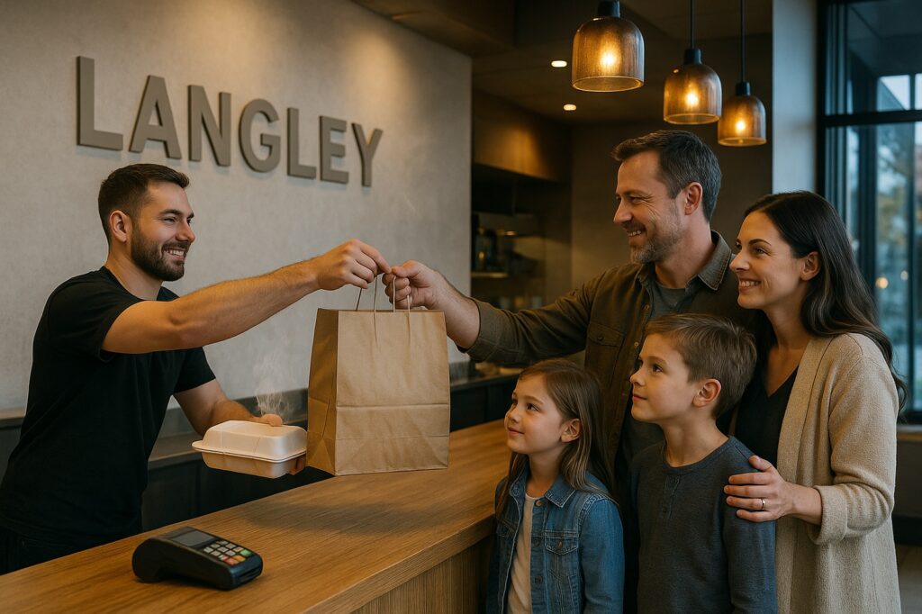 family picking up food at langley restaurant counter | GPS: 49.200863, -122.439705