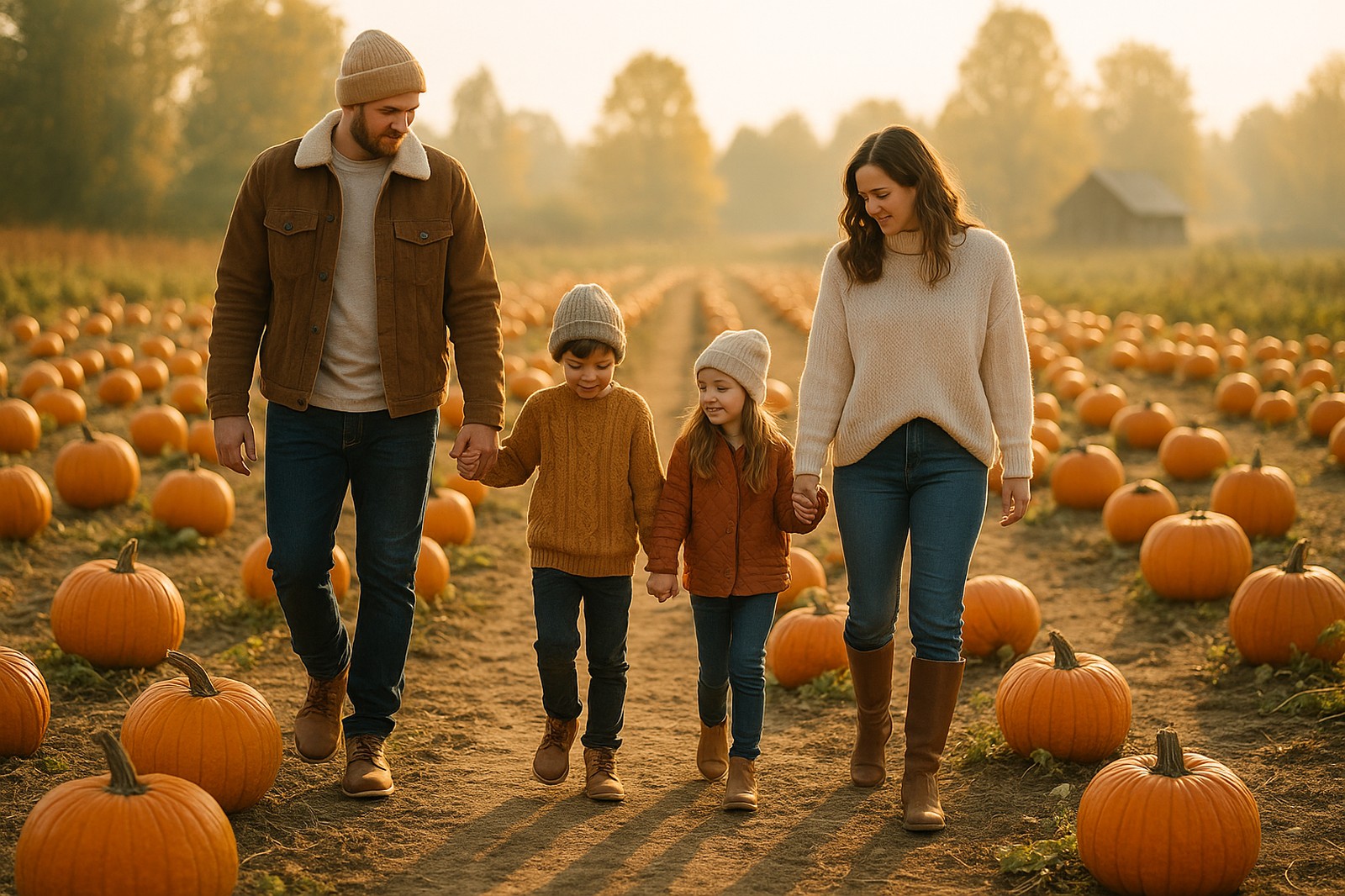 family walking in pumpkin patch local autumn sunset | GPS: 49.121943, -122.560224