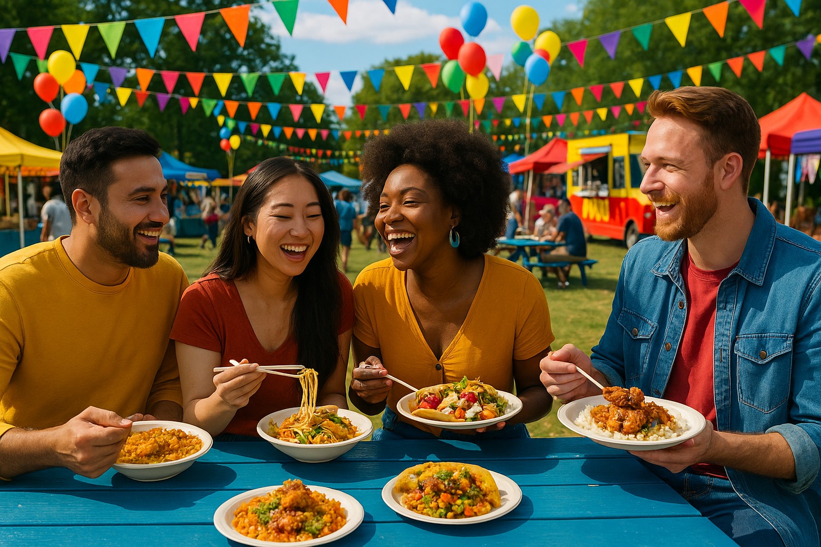 friends eating together at festival langleys food event Langley: Neighbourhood Food Tour