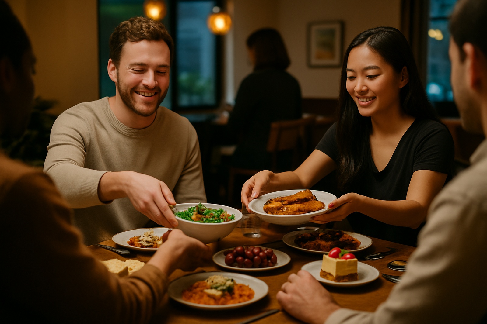 Around a wooden table, a smiling group shares dishes of food in a warm setting, perhaps in Langley BC.