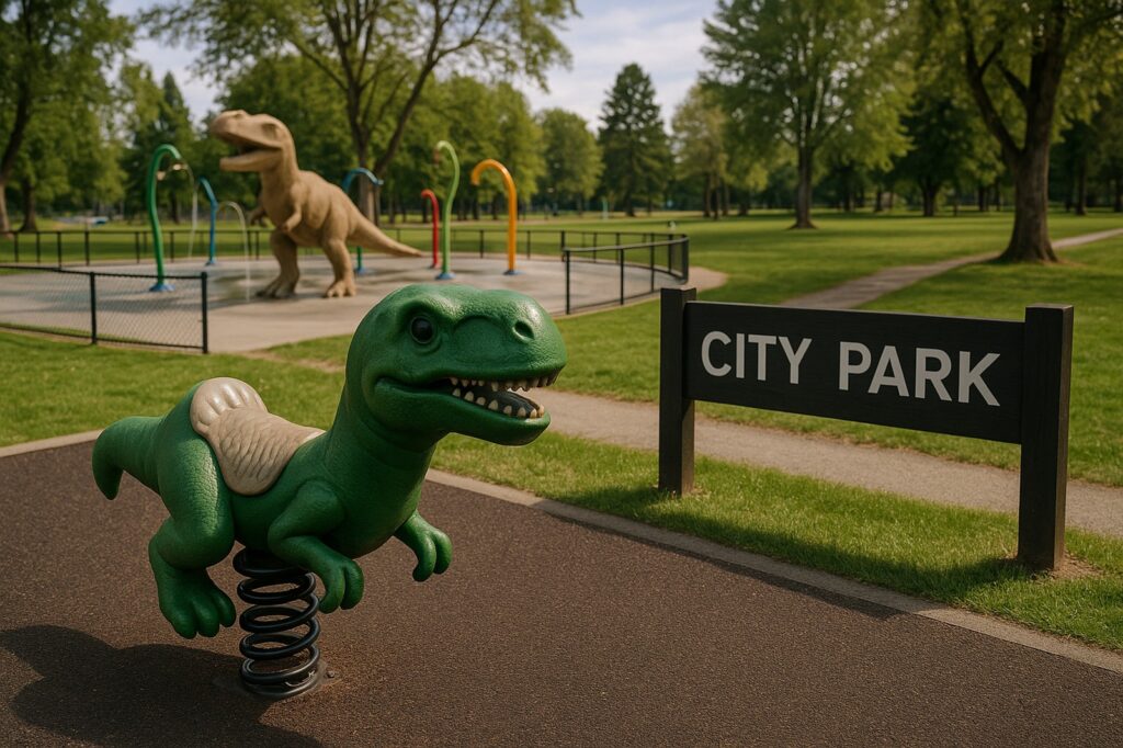 green dinosaur spring rider in city park directory | GPS: 49.194951, -122.448735