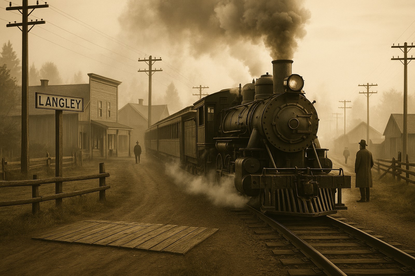 A sepia toned image shows a steam train arriving in Langley BC, with two men on the platform.