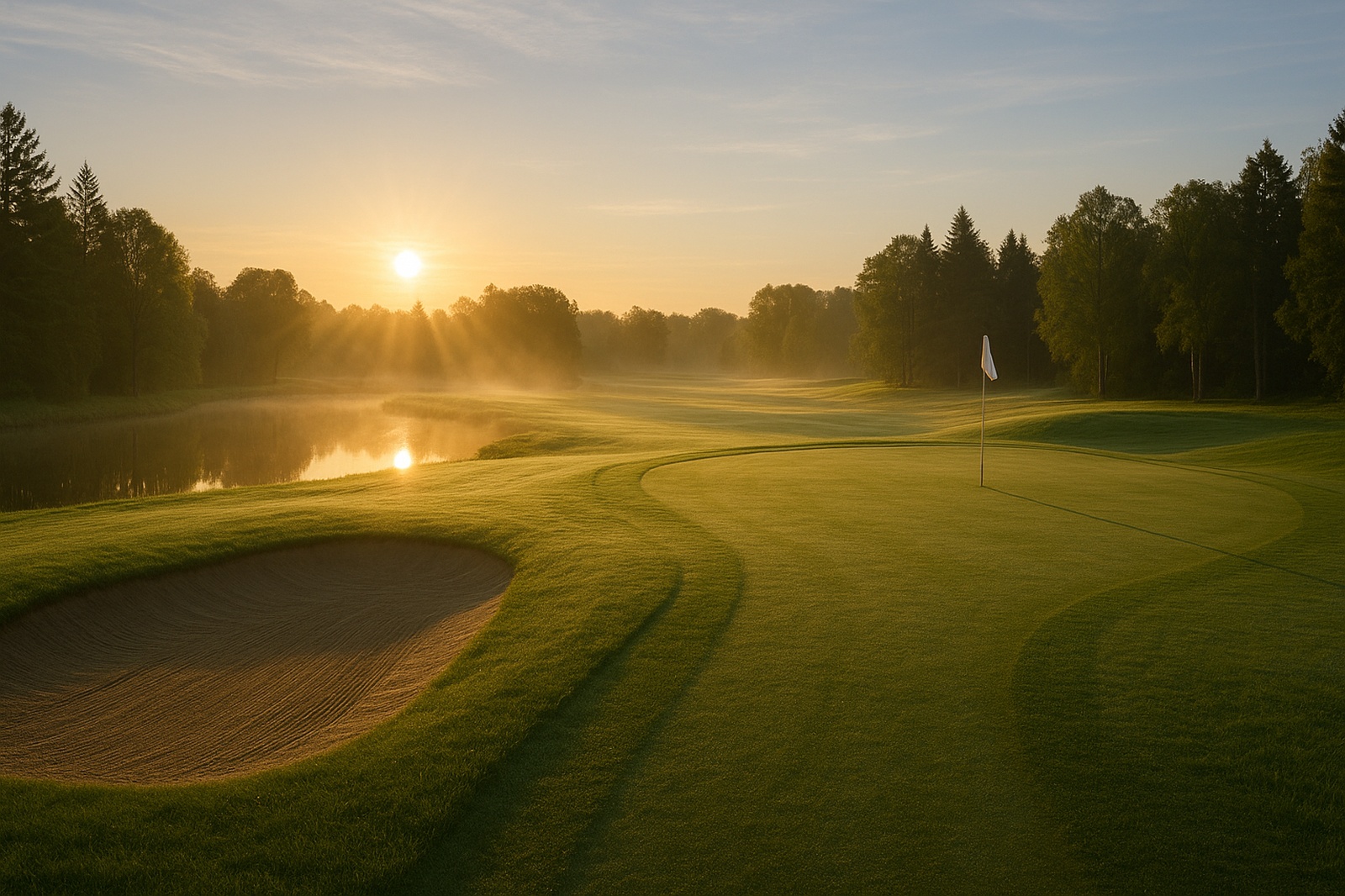 sunrise over golf course local scenery mist and water Best Langley Golf Courses Sunrise bathes a Langley BC golf course, mist clinging to the green grass, alongside a pond and a sand trap in the foreground.