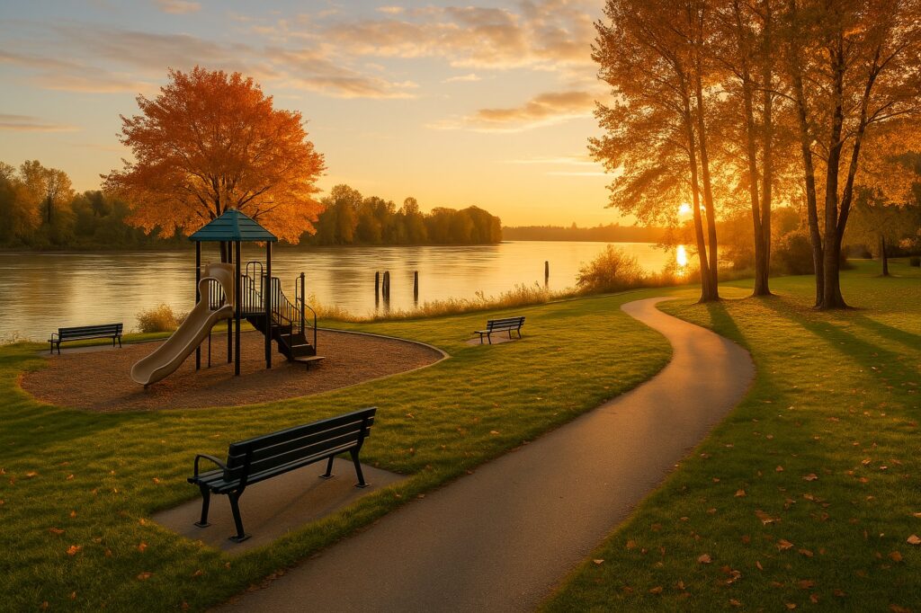 sunset playground by river local autumn scenery Langley BC Photo Spots: Beautiful Views sunset playground by river local autumn scenery | GPS: 49.141646, -122.530135