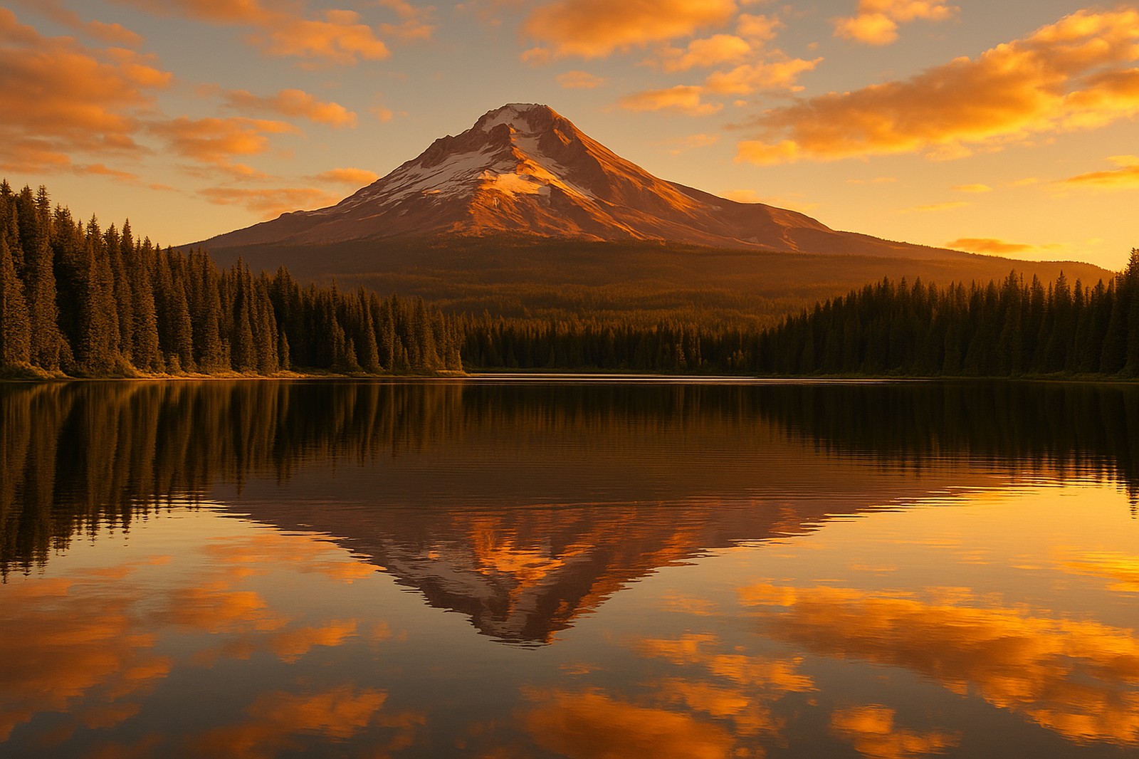 sunset reflection over lake with mountain langleys Langley BC Photo Spots: Beautiful Views Golden light illuminates a snow-capped mountain and its reflection on a lake, framed by evergreen trees, reminiscent of landscapes outside Langley BC.