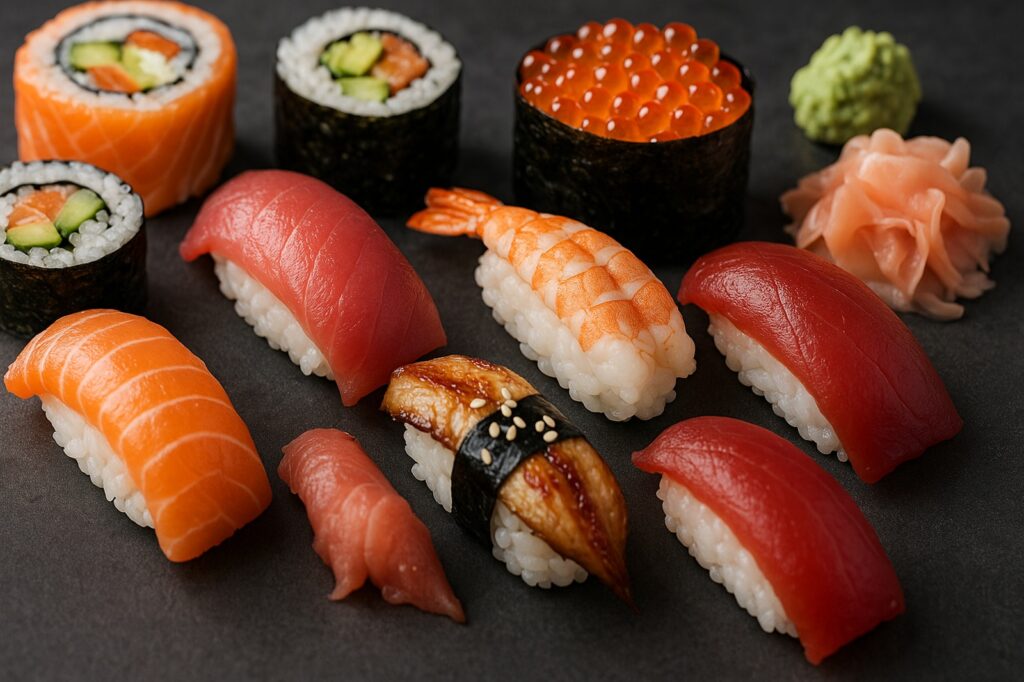 sushi platter local delicacies assorted types and flavors | GPS: 49.125677, -122.554522