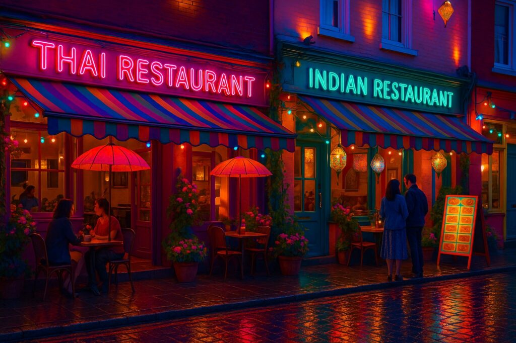 thai indian local restaurants at night with lights | GPS: 49.158358, -122.504615