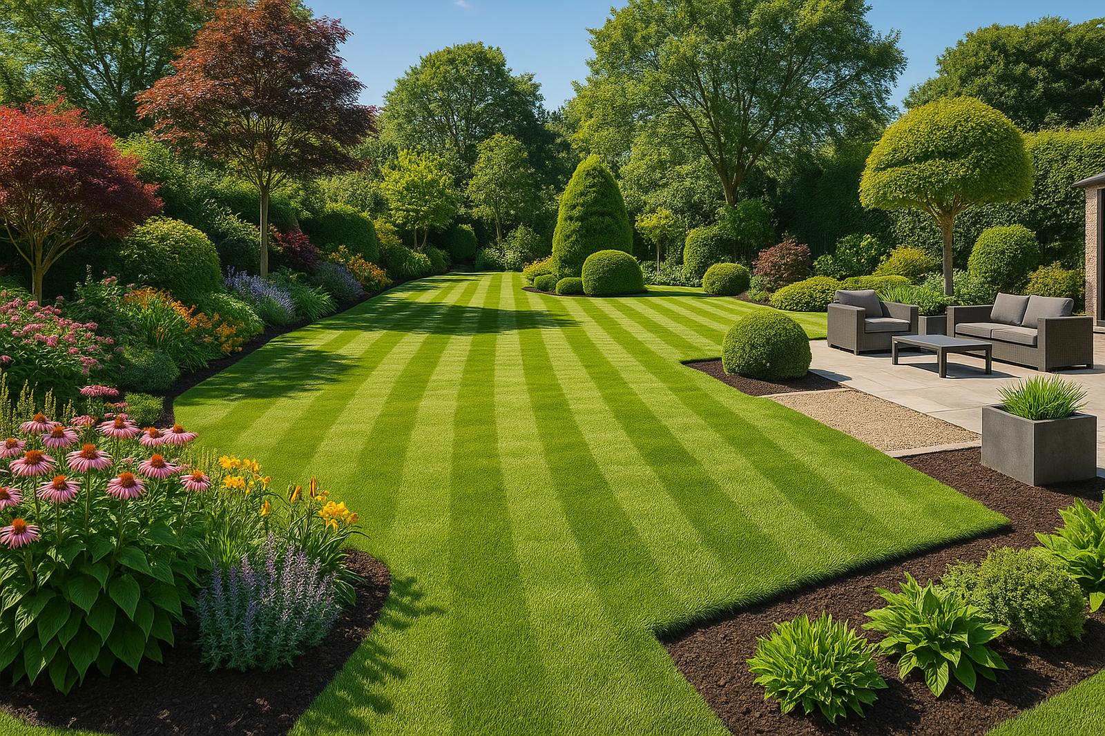 A landscaped backyard features manicured green lawns with striped mowing patterns, flower beds, sculpted shrubs, and an outdoor seating area in Langley BC.