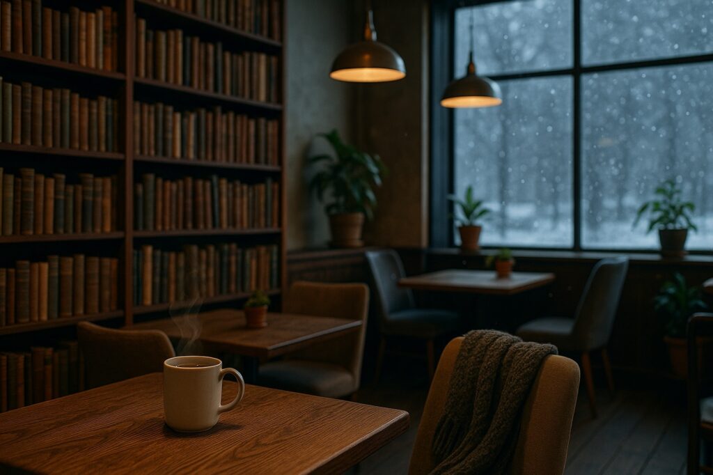 cozy local cafe with books and coffee steaming | GPS: 49.165129, -122.494275