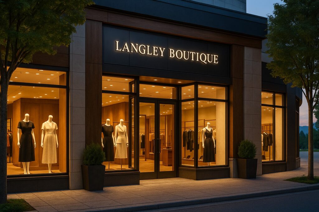 langley boutique storefront at dusk with clothing displayed | GPS: 49.129400, -122.548836