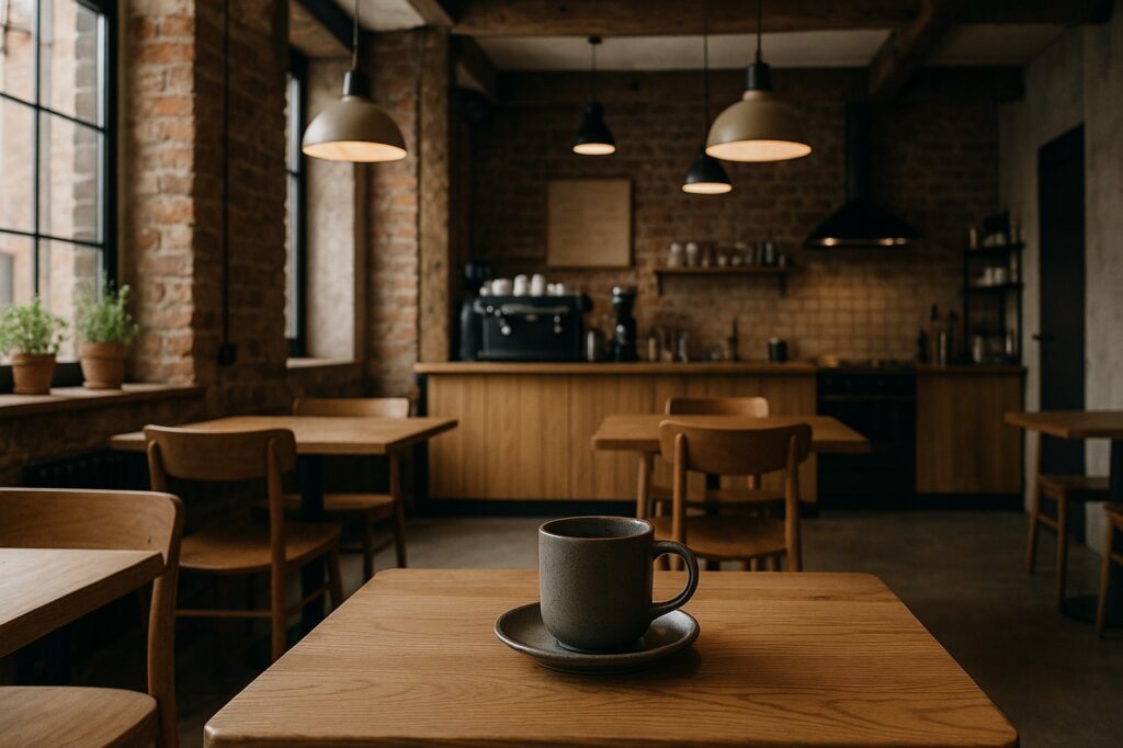 local cozy cafe interior with coffee cup and tables | GPS: 49.131656, -122.545391