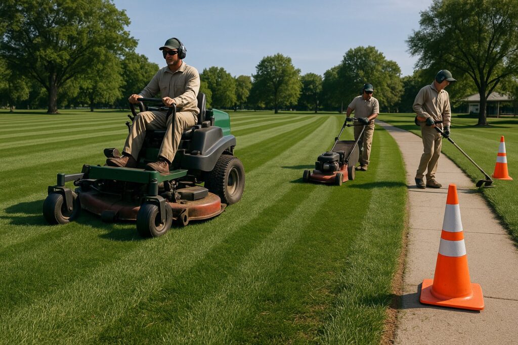 local landscaping workers maintaining grass park | GPS: 49.104939, -122.586190
