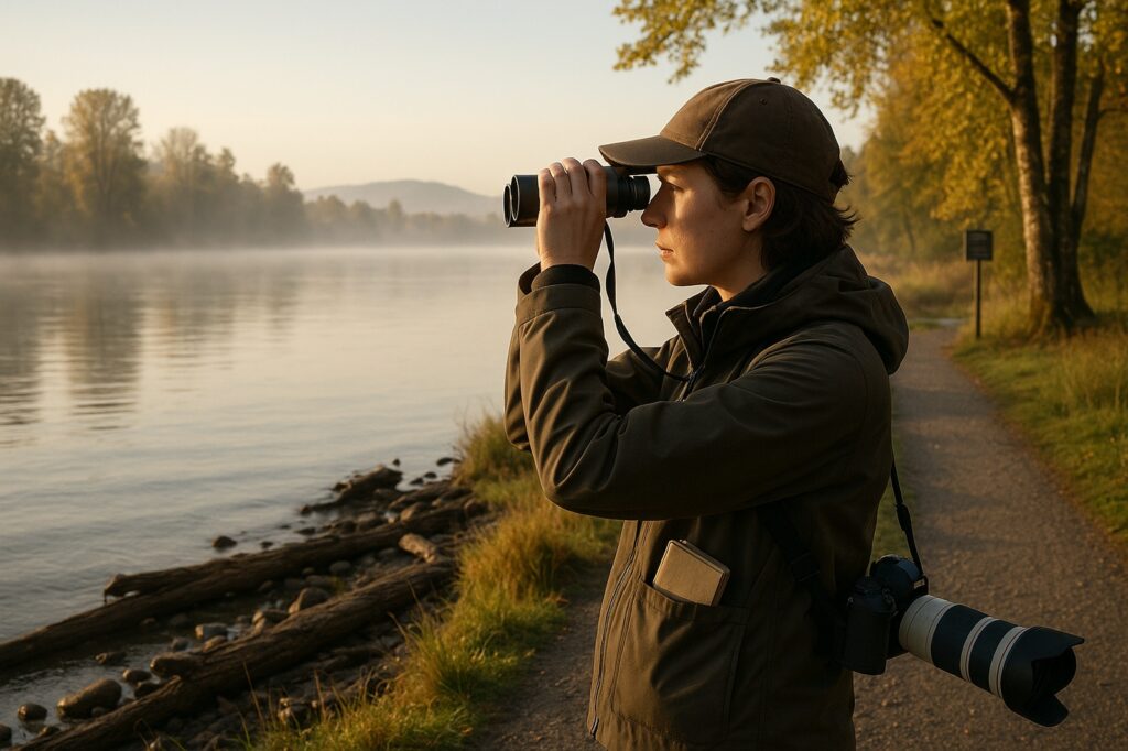 person with binoculars river directory | GPS: 49.127789, -122.551296