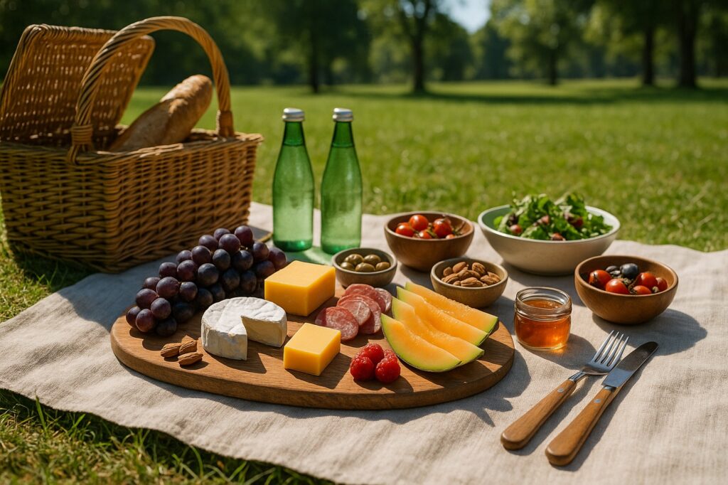 picnic spread with cheese and fruits langleys park | GPS: 49.106996, -122.583049