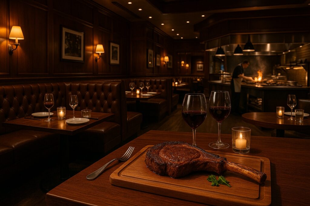 steak and red wine in local restaurant dining room | GPS: 49.204652, -122.433920