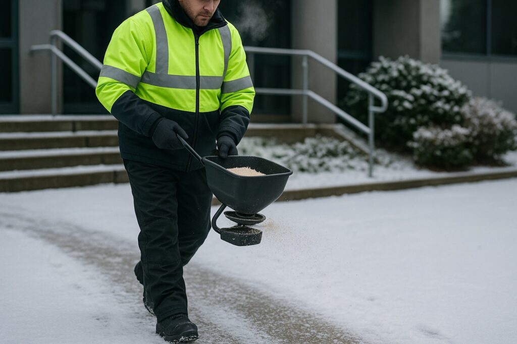 worker spreading salt in snow langleys premises | GPS: 49.178980, -122.473123