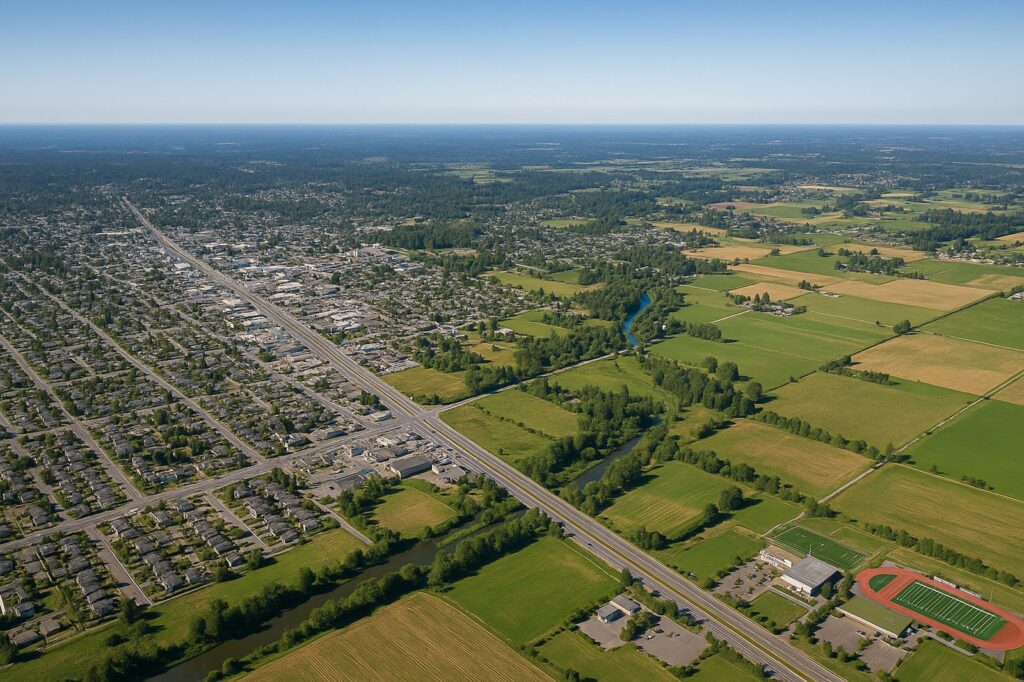 aerial view of town and farmland directory | GPS: 49.145018, -122.524986