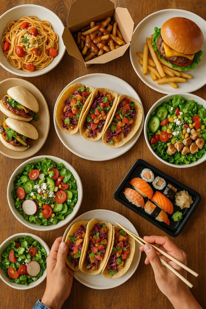 local food spread with salads tacos burger and pasta | GPS: 49.168947, -122.488444
