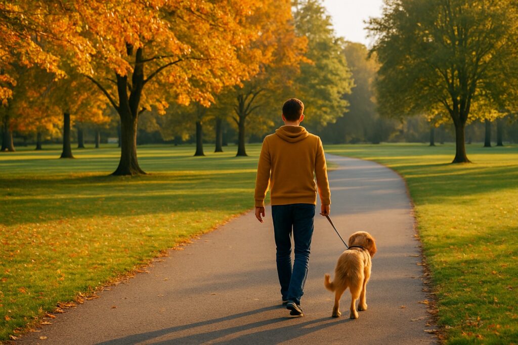 walking in autumn park with local dog owner | GPS: 49.166340, -122.492425