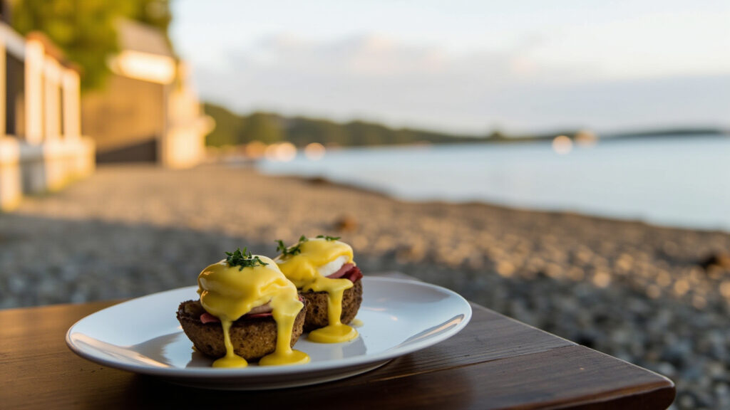 Eggs Benedict with hollandaise sauce on a rustic wooden cafe table with fresh herbs garnish, warm cafe morning light