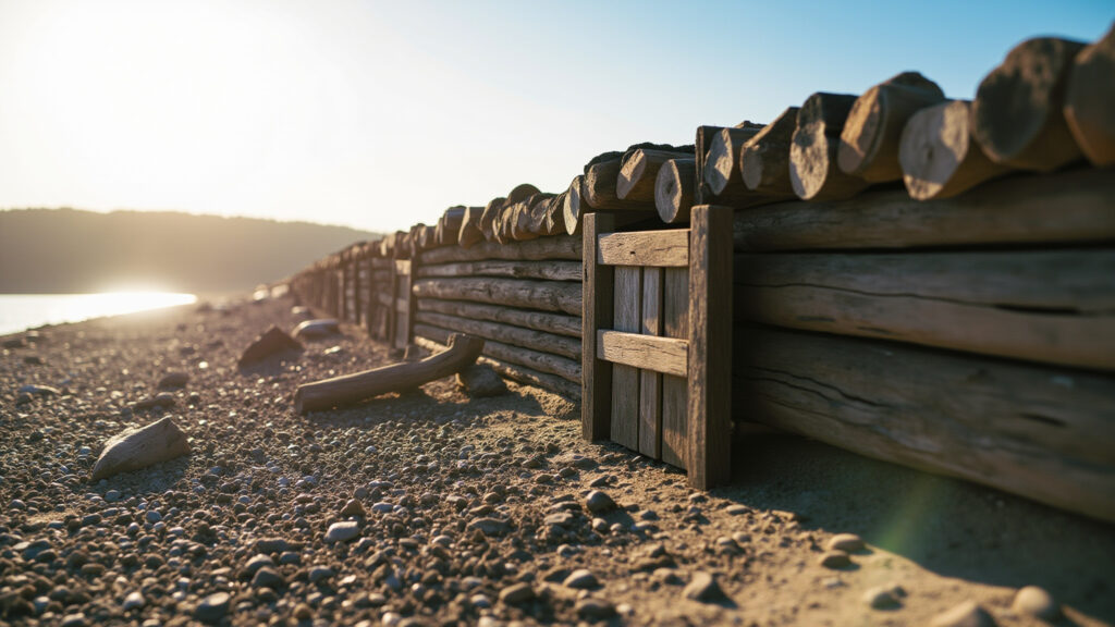Historic wooden fort palisade wall from inside the grounds with aged timber logs and wooden gate in soft sunlight
