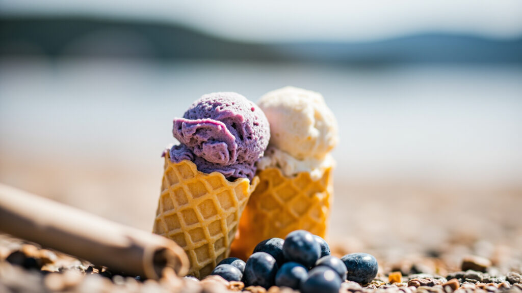 Two artisan ice cream scoops in a golden waffle cone, blueberry purple and vanilla cream, with fresh BC blueberries scattered below