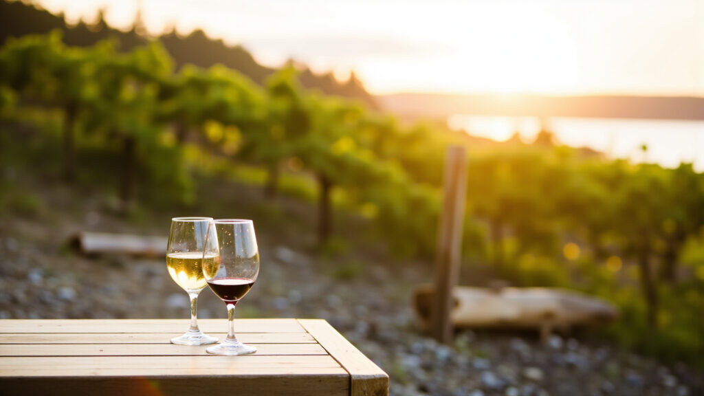 Two wine glasses, one red and one white, on a wooden table in a BC vineyard with green vines and golden afternoon sun