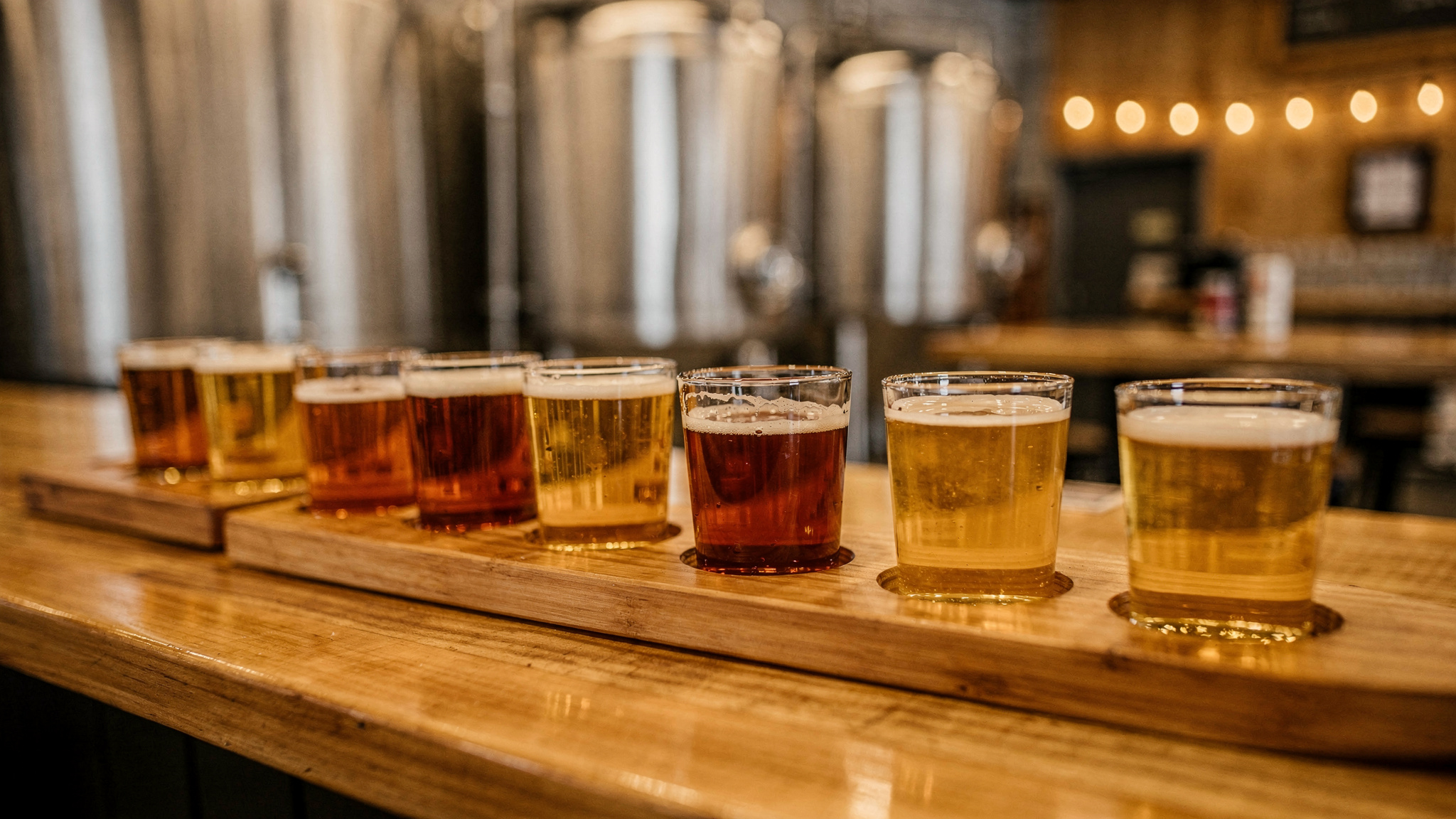 breweries featured langley Langley's Best Craft Breweries and Taprooms: A Local Guide Flight of craft beer tasting glasses lined up on a wooden bar with brewing tanks softly out of focus in the background at a Langley BC brewery