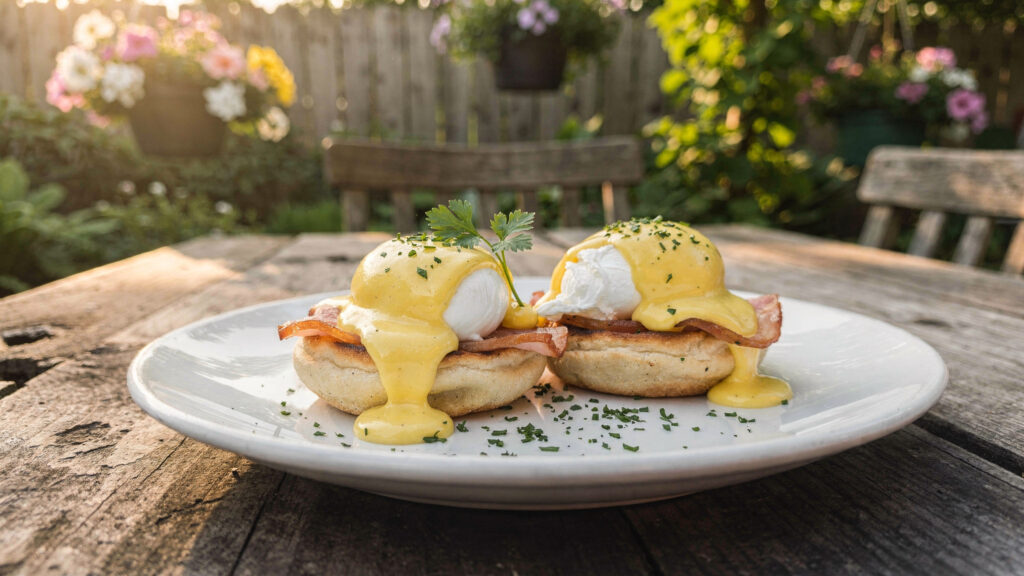 Eggs Benedict with hollandaise sauce on a rustic outdoor cafe table in a garden patio setting