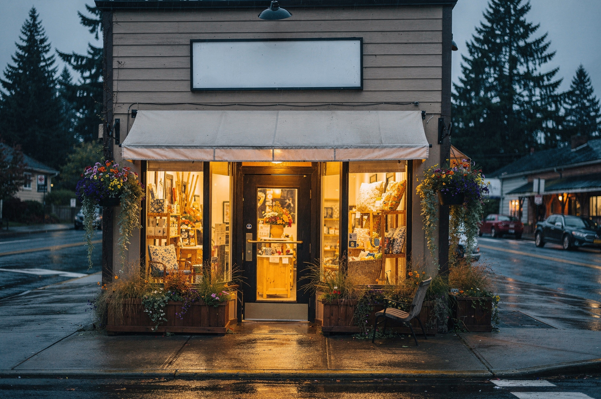 charming small-town gift shop storefront exterior at dusk | GPS: 49.123657, -122.557606