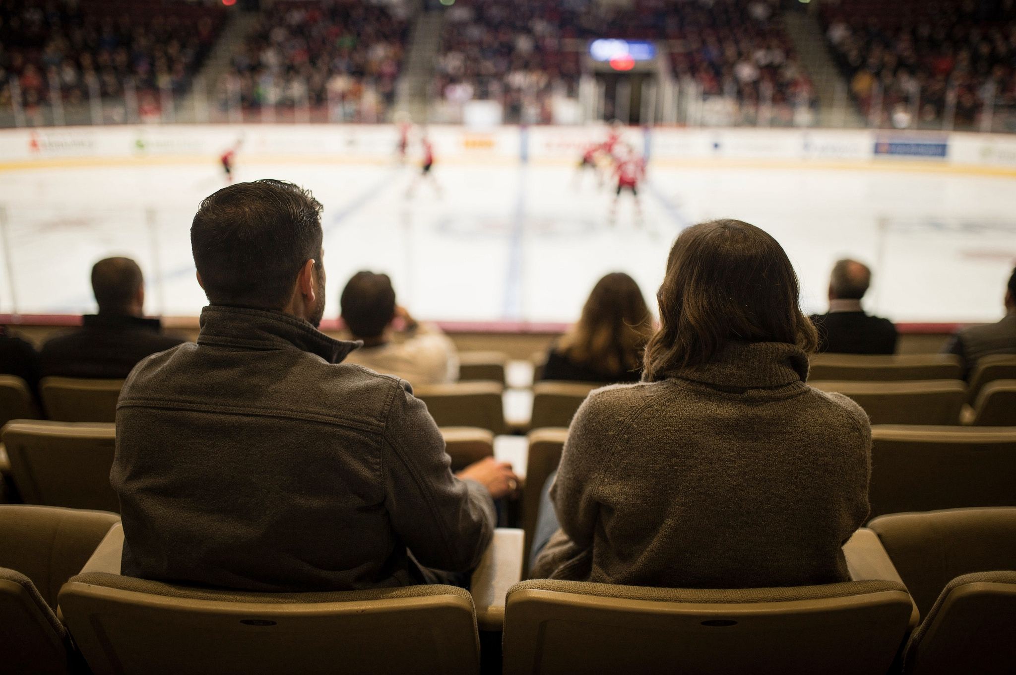 couple watching hockey game from the stands at langley events centre