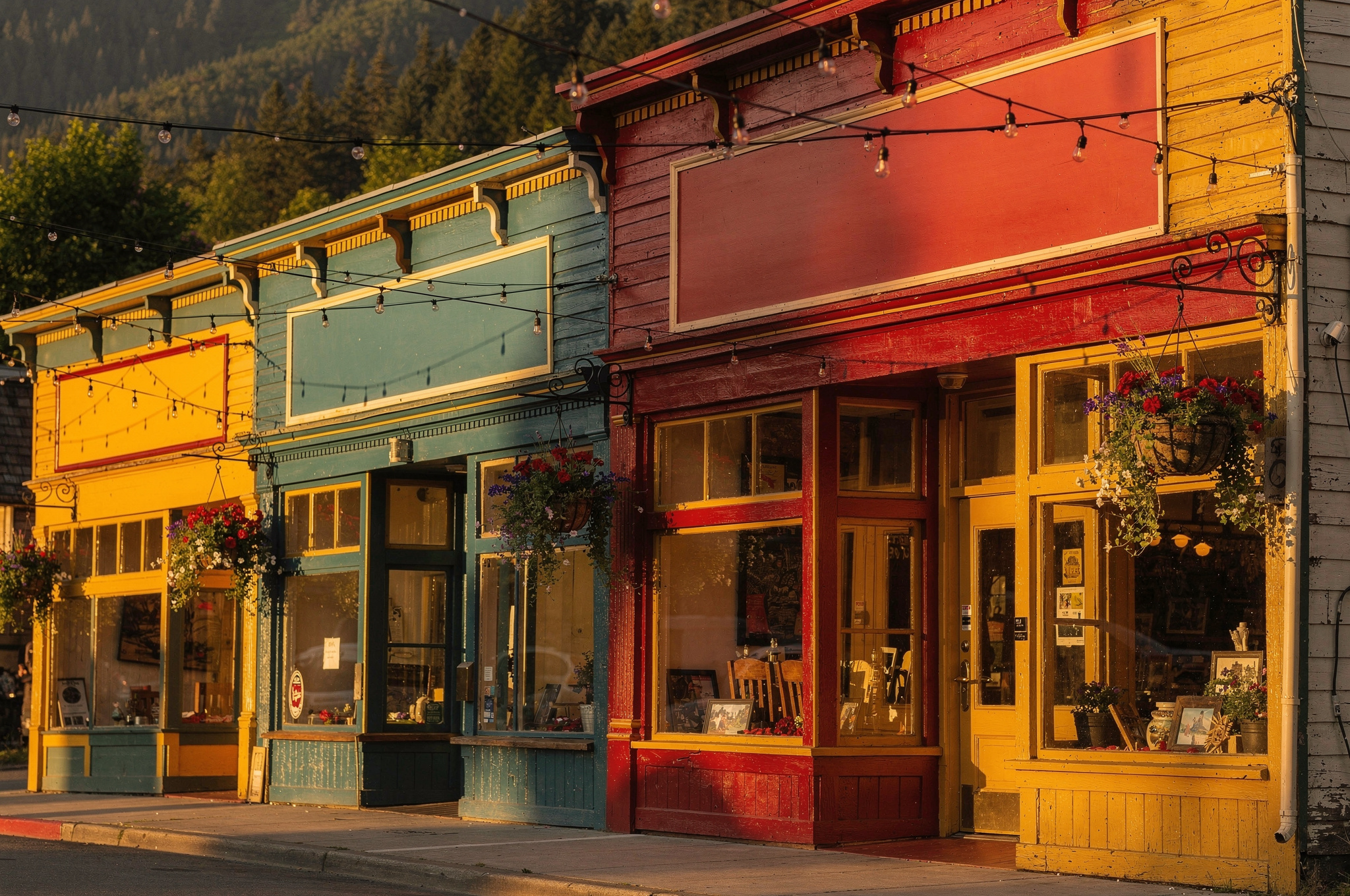Colorful heritage storefronts on a quiet Fort Langley style street at golden hour with hanging flower baskets and string lights