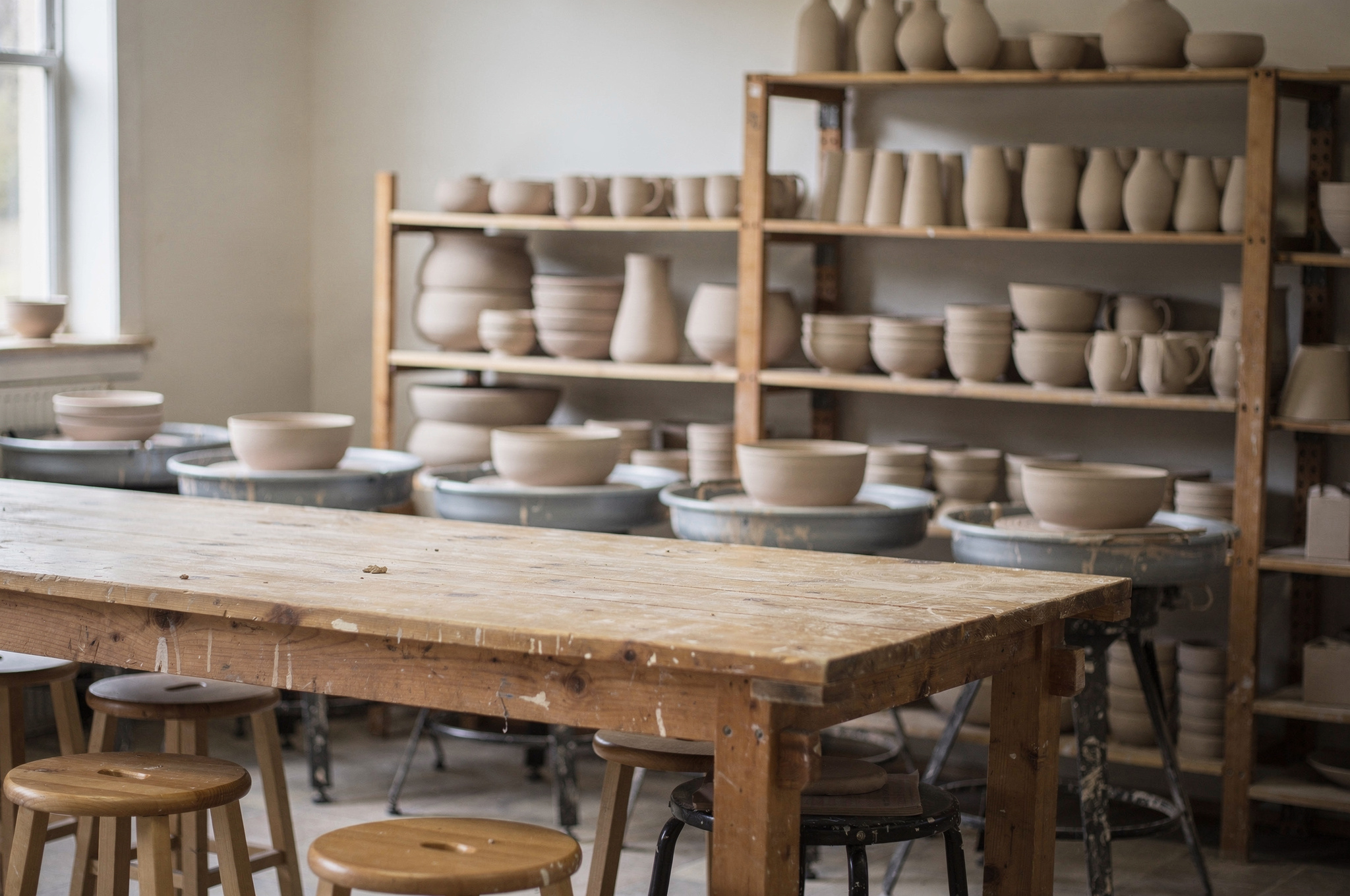 community pottery classroom with shelves of unglazed bowls, mugs, and vases | GPS: 49.195071, -122.448551