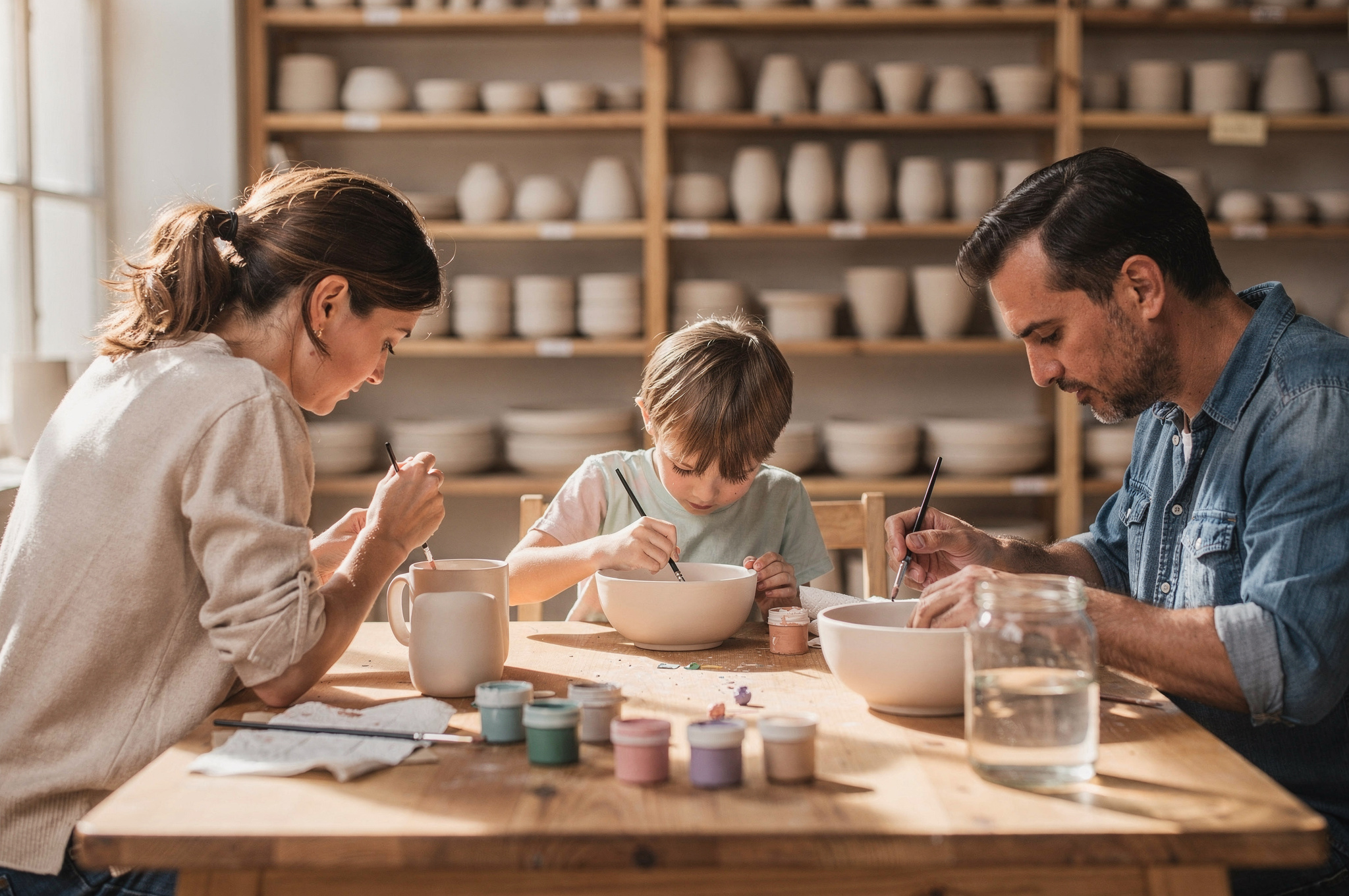 family painting pottery bowls and mugs together in a bright Langley pottery studio | GPS: 49.156999, -122.506690