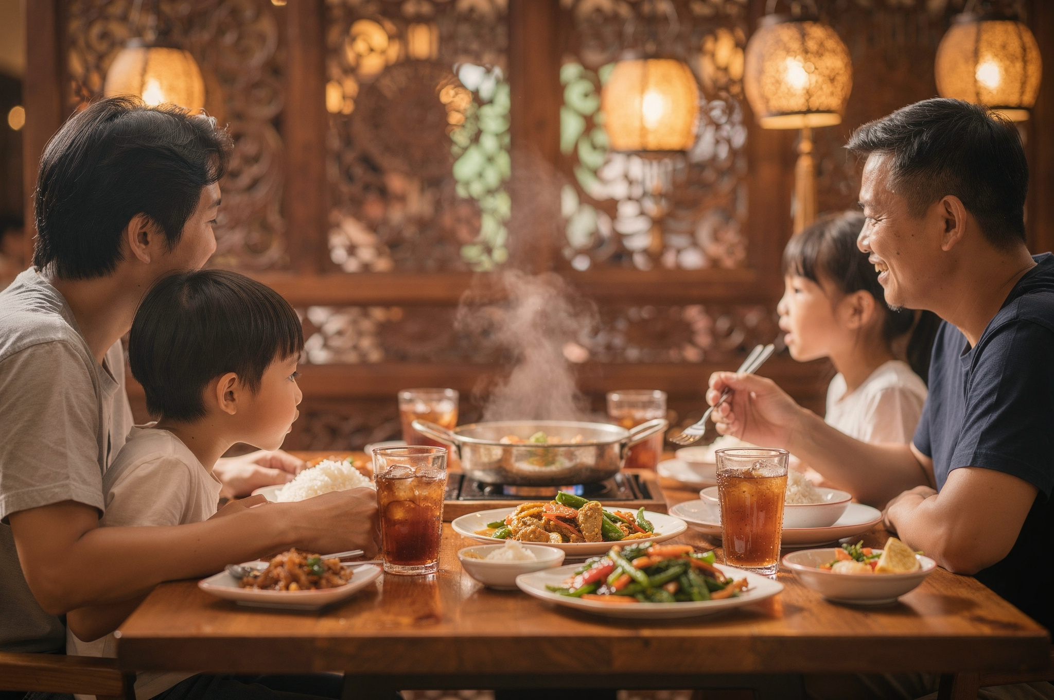 family dinner with food langley having fun together v2 Langley BC Family Restaurants Kids Love family sharing a Thai dinner together at a Langley restaurant