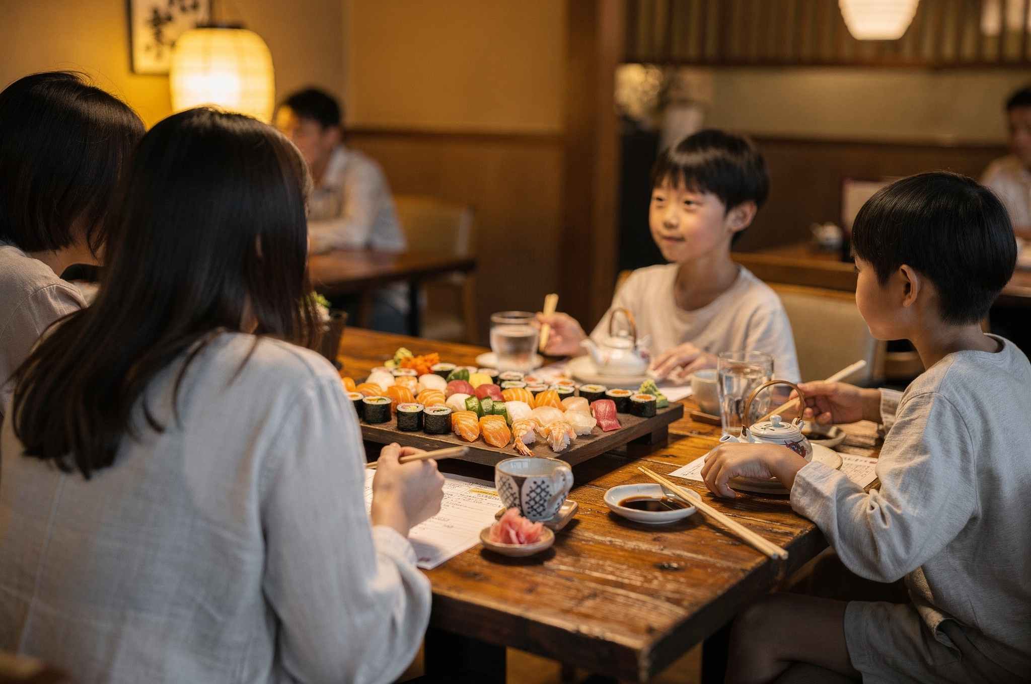 family sushi dinner local restaurant with kids seen from behind | GPS: 49.130861, -122.546605