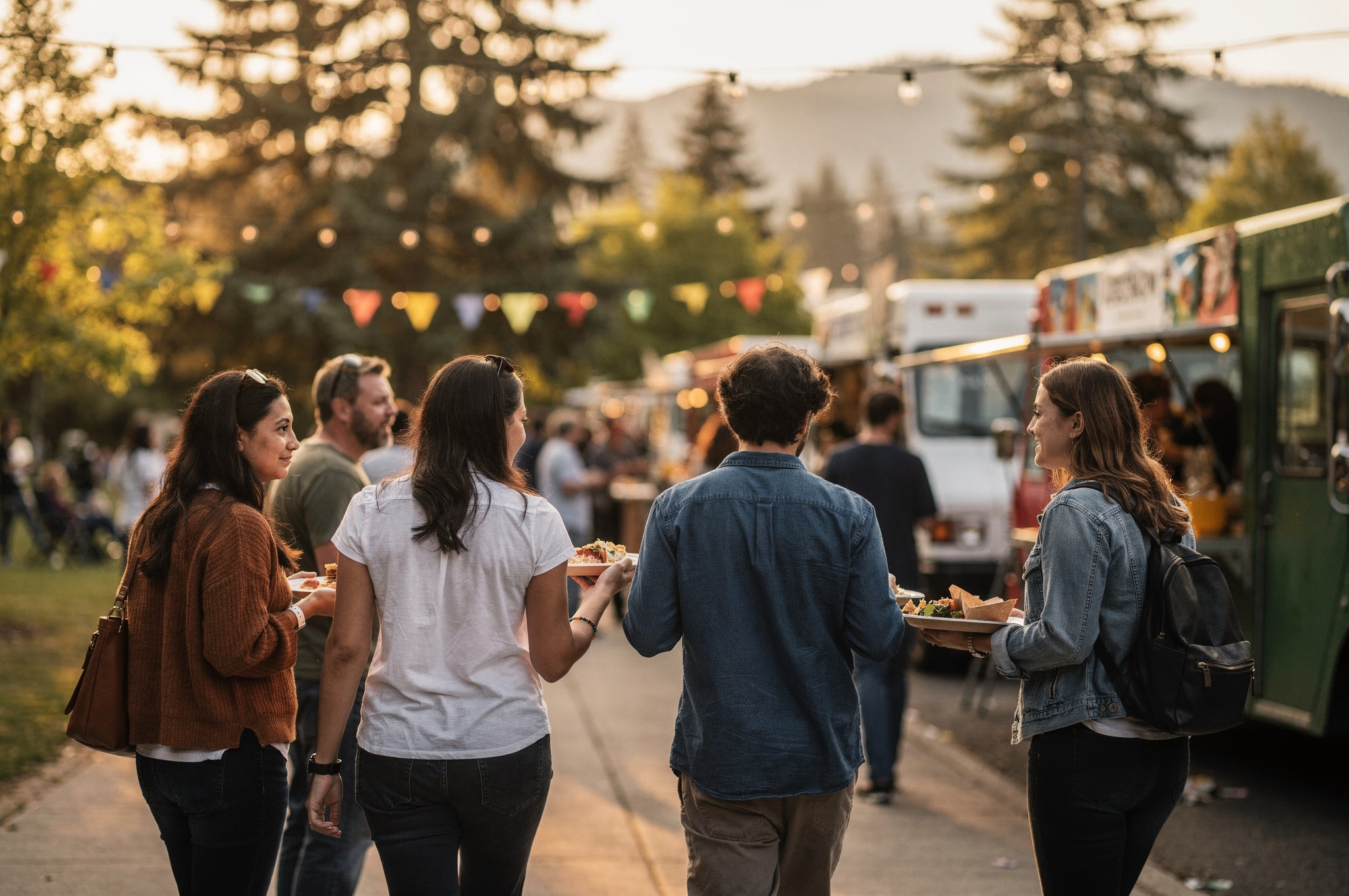 friends walking with plates of food at a Langley food festival