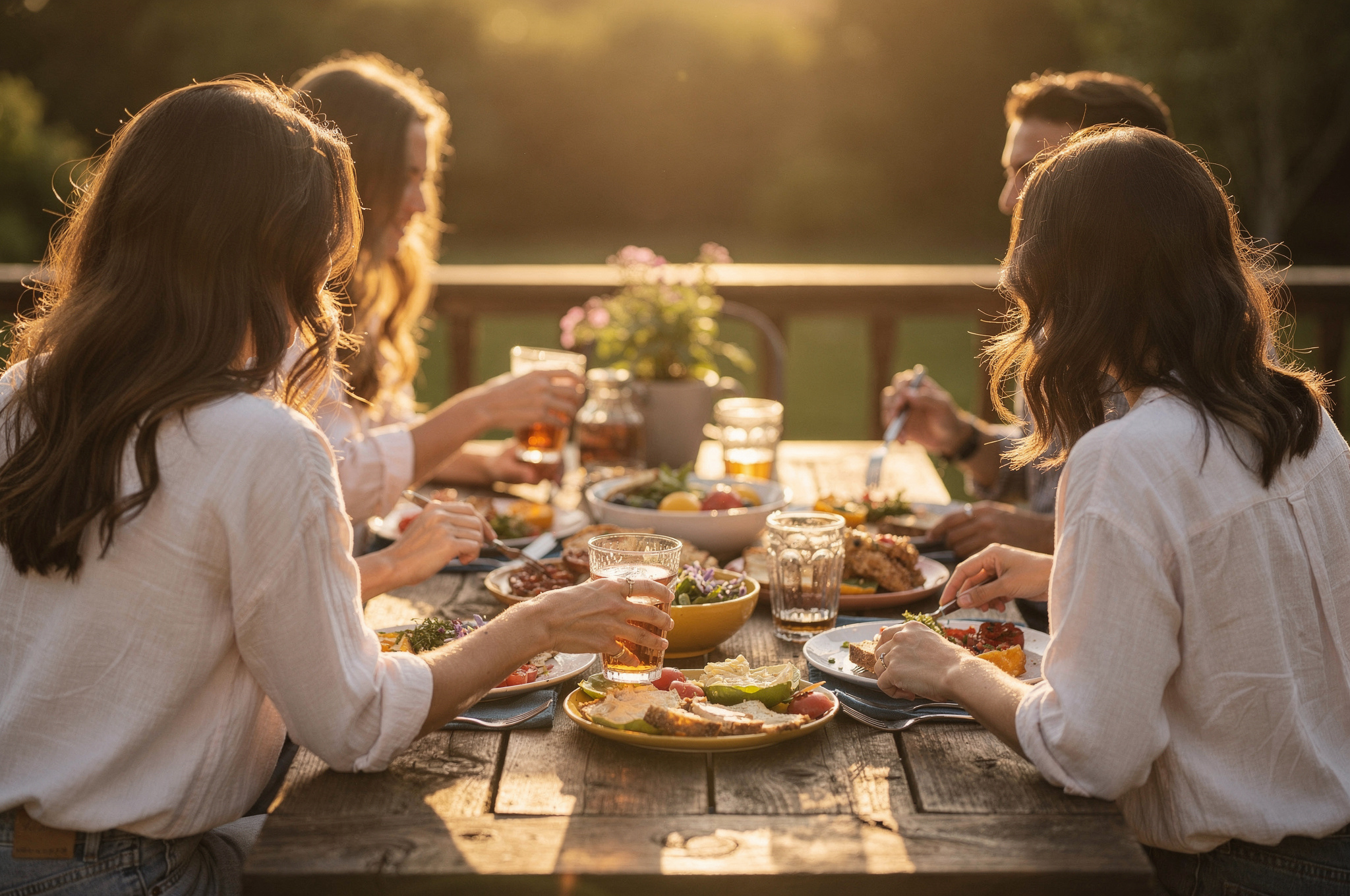 A group of friends sharing food at an outdoor table, seen from behind and the side