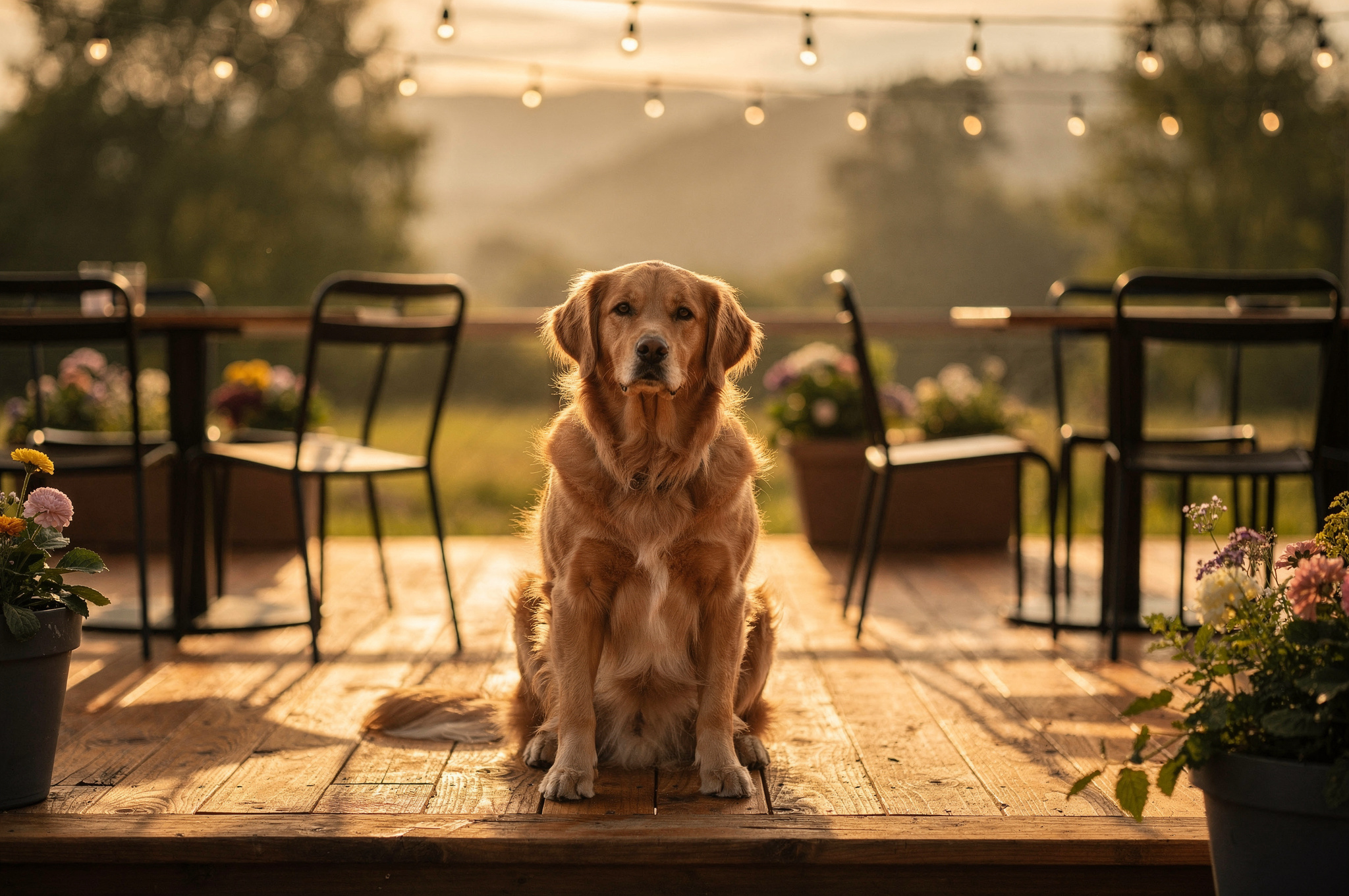 golden retriever sitting on a dog friendly restaurant patio at sunset