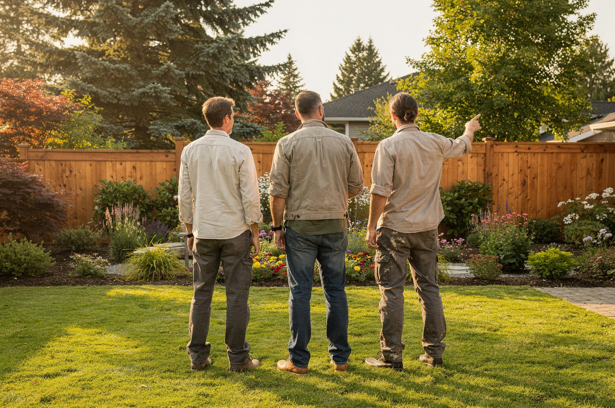 landscaping team and homeowner reviewing finished backyard project | GPS: 49.098374, -122.596216