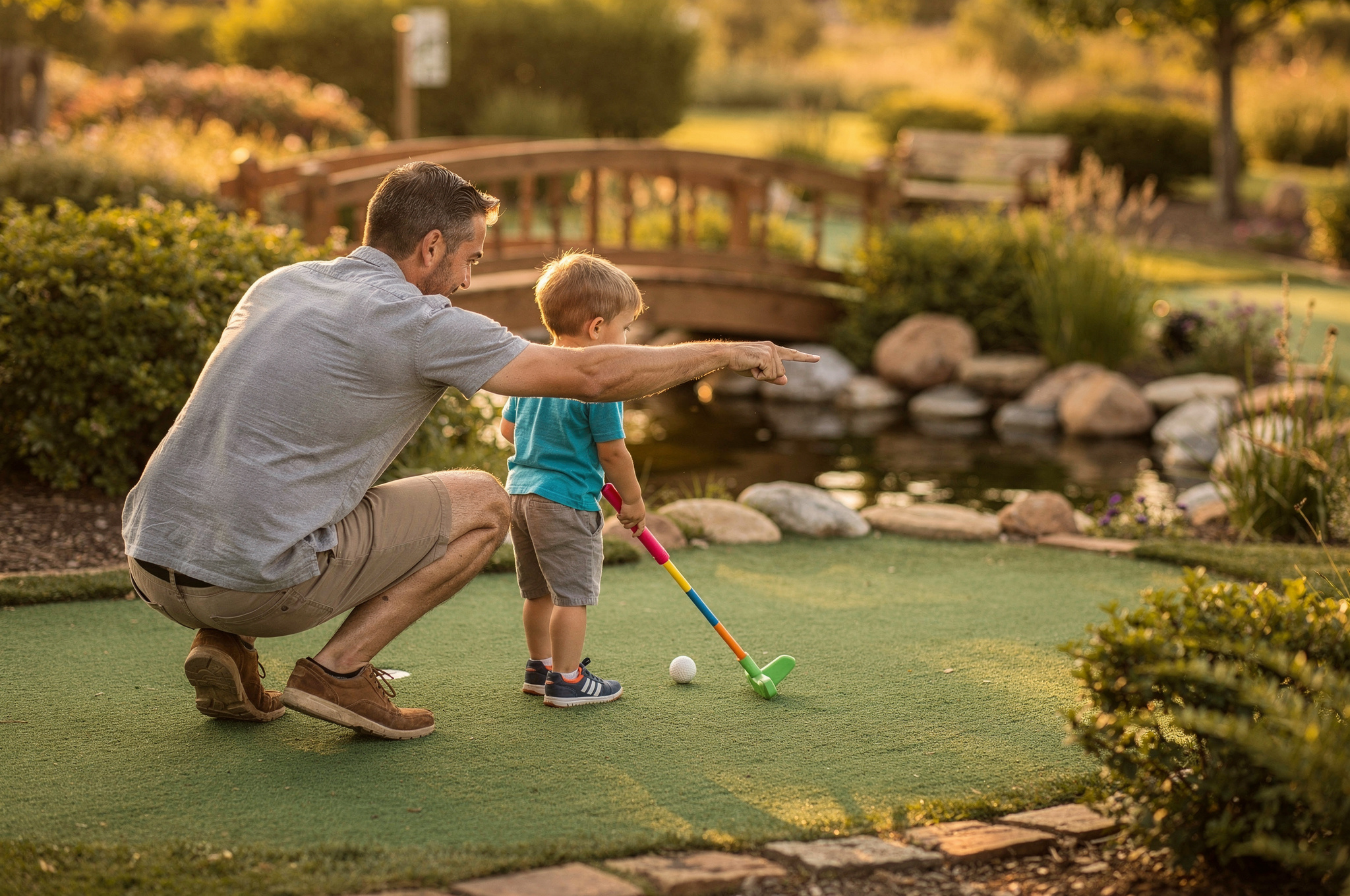 happy father son time langleys mini golf experience v2 Best Langley Golf Courses father and son playing mini golf near pond and bridge in langley bc | GPS: 49.191362, -122.454215
