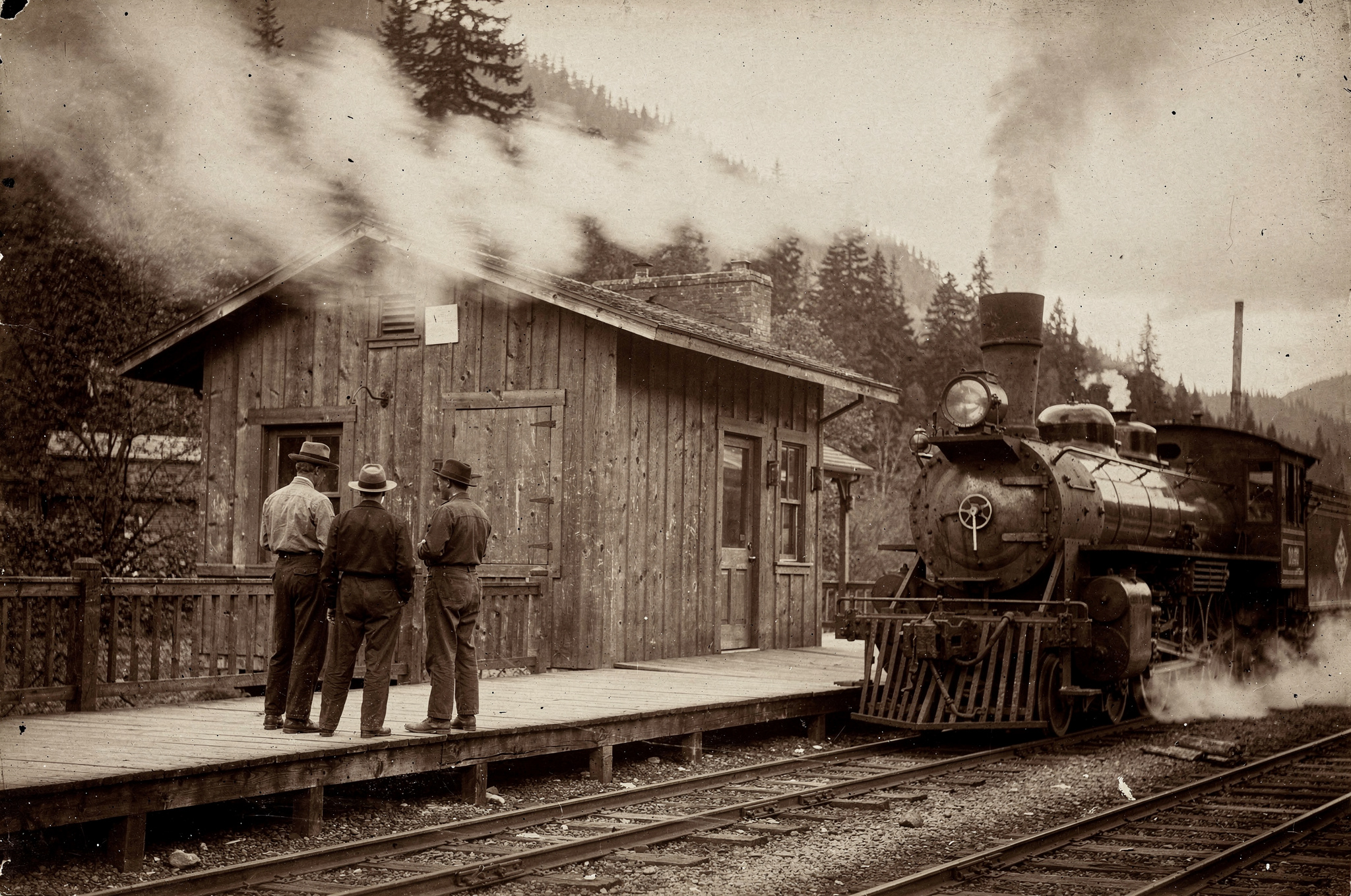 A sepia toned image shows a steam train arriving at a historic Langley station platform, with men viewed from behind.