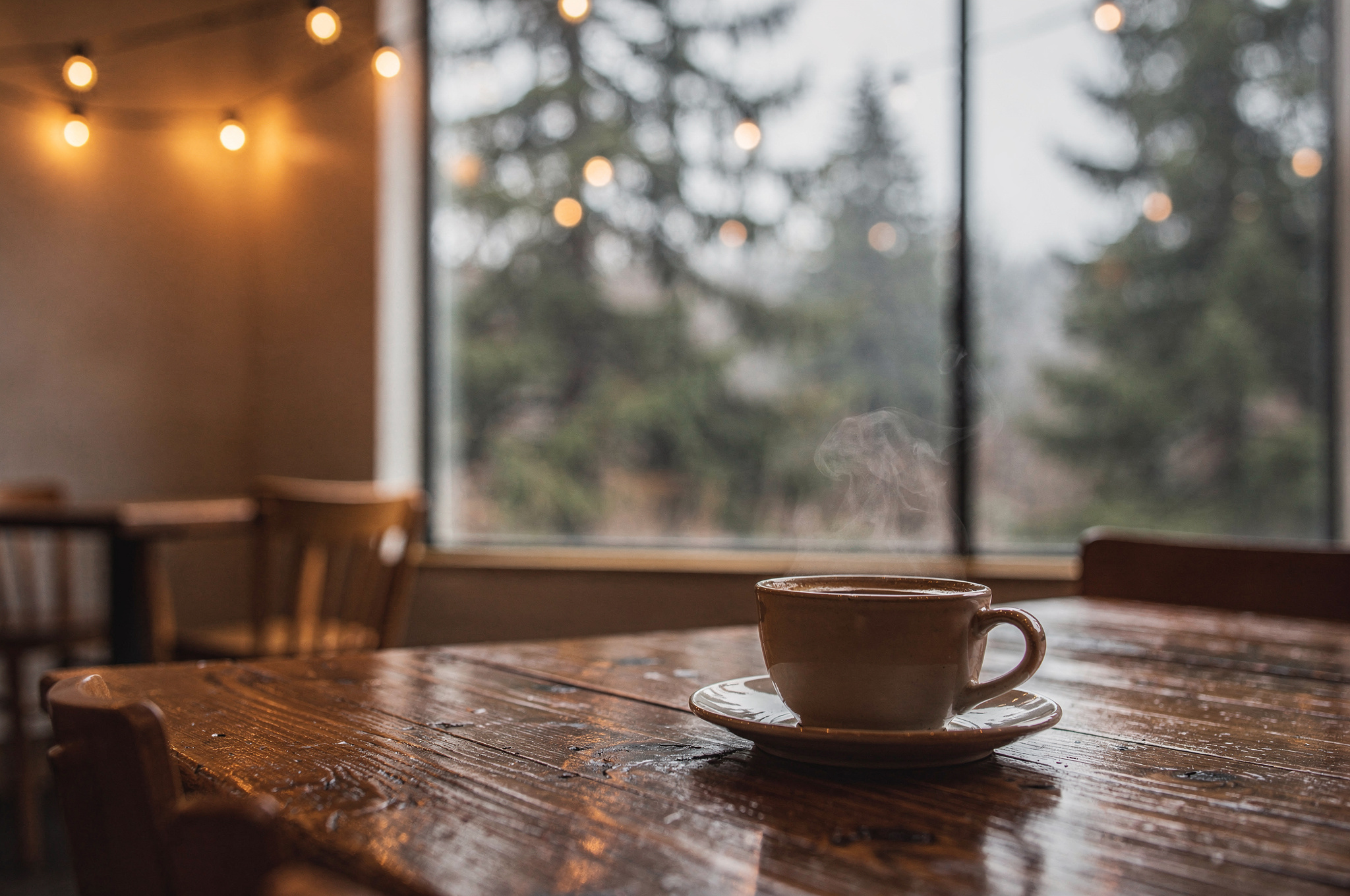 cozy cafe window seating overlooking evergreen trees | GPS: 49.103732, -122.588033