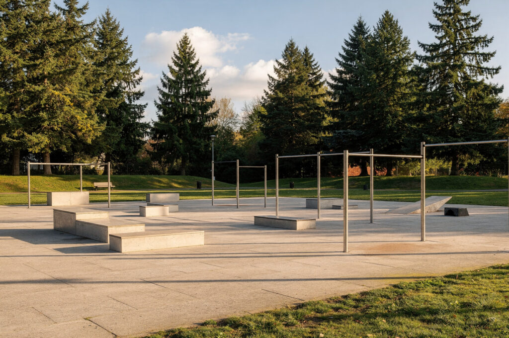local urban gym park exercise structures in sunny day | GPS: 49.176556, -122.476825