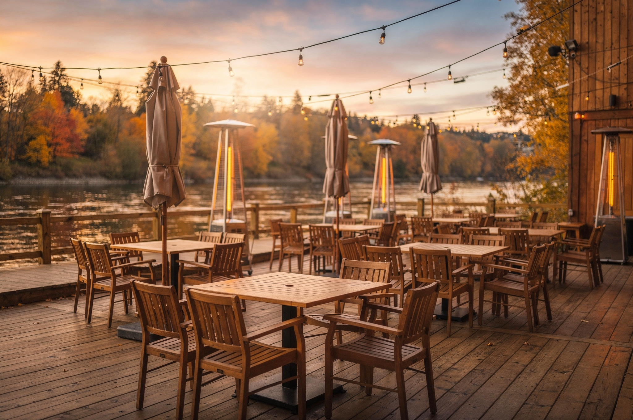 Outdoor restaurant patio in Langley BC at sunset, with tables, umbrellas, patio heaters, and string lights.